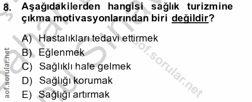 8. soru: Aşağıdakilerden hangişi sağlık turizmine çıkma motivasyonlarından biri değildir? A) Hastalıkları tedavi ettirmek B) E…