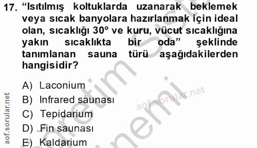 17. soru: "Isıtılmış koltuklarda uzanarak beklemek veya sıcak banyolara hazırlanmak için ideal olan, sıcaklığı 30° ve kuru, vüc…