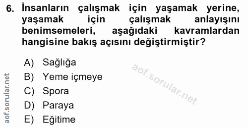 6. soru: İnsanların çalışmak için yaşamak yerine, yaşamak için çalışmak anlayışını benimsemeleri, aşağıdaki kavramlardan hangi…