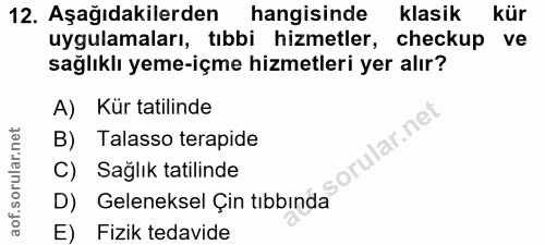 12. soru: Aşağıdakilerden hangisinde klasik kür uygulamaları, tıbbi hizmetler, checkup ve sağlıklı yeme-içme hizmetleri yer alı…