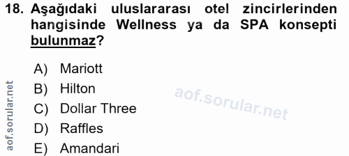 18. soru: Aşağıdaki uluslararası otel zincirlerinden hangisinde Wellness ya da SPA konsepti bulunmaz? A) Mariott B) Hilton C) D…