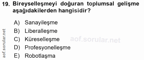 19. soru: Bireyselleşmeyi doğuran toplumsal gelişme aşağıdakilerden hangisidir? A) Sanayileşme B) Liberalleşme C) Küreselleşme…