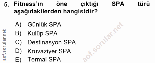 5. soru: Fitness'in öne Çıktığı SPA türü aşağıdakilerden hangisidir? A) Günlük SPA B) Kulüp SPA lof. C) Destinasyon SPA D) Kru…