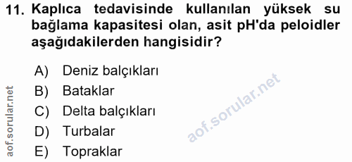 11. soru: Kaplıca tedavisinde kullanılan yüksek su bağlama kapasitesi olan, asit pH'da peloidler aşağıdakilerden hangisidir? A)…