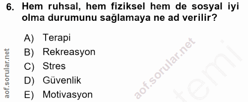 6. soru: Hem ruhsal, hem fiziksel hem de sosyal iyi olma durumunu sağlamaya ne ad verilir? A) Terapi B) Rekreasyon C) Stres D)…