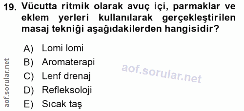 19. soru: Vücutta ritmik olarak avuç içi, parmaklar ve eklem yerleri kullanılarak gerçekleştirilen masaj tekniği aşağıdakilerde…