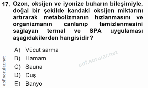 17. soru: Ozon, oksijen ve iyonize buharın bileşimiyle, doğal bir şekilde kandaki oksijen miktarını artırarak metabolizmanın hı…