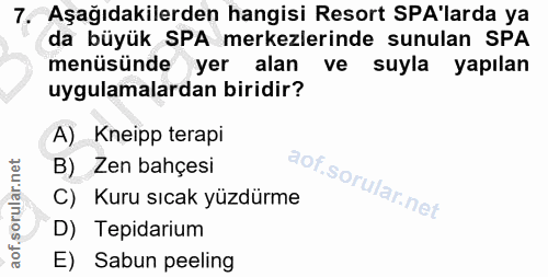 7. soru: Aşağıdakilerden hangisi Resort SPA'larda ya da büyük SPA merkezlerinde sunulan SPA menüsünde yer alan ve suyla yapıla…