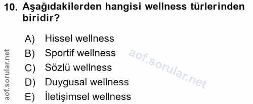 10. soru: Aşağıdakilerden hangisi wellness türlerinden biridir? A) Hissel wellness B) Sportif wellness C) Sözlü wellness D) Duy…