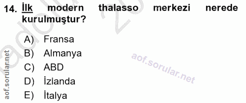 14. soru: ilk modern thalasso merkezi nerede kurulmuştur? A) • Fransa B) Almanya C) ABD D) Izlanda E) İtalya