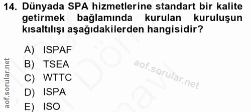 14. soru: Dünyada SPA hizmetlerine standart bir kalite getirmek bağlamında kurulan kuruluşun kısaltılışı aşağıdakilerden hangis…