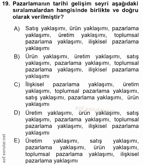 19. soru: Pazarlamanın tarihi gelişim seyri aşağıdaki sıralamalardan hangisinde birlikte ve doğru olarak verilmiştir? A) Satış…