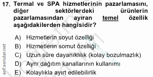 17. soru: Termal ve SPA hizmetlerinin pazarlamasını, diger sektörlerdeki ürünlerin pazarlamasından ayıran temel özellik aşağıda…