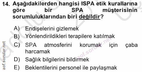 14. soru: Aşağıdakilerden hangisi ISPA etik kurallarına göre bir SPA müşterisinin sorumluluklarından biri değildir? A) Endişele…