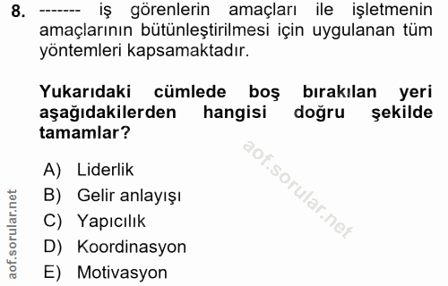 8. soru: ---__ iş görenlerin amaçları ile işletmenin amaçlarının bütünleştirilmesi için uygulanan tüm yöntemleri kapsamaktadır…