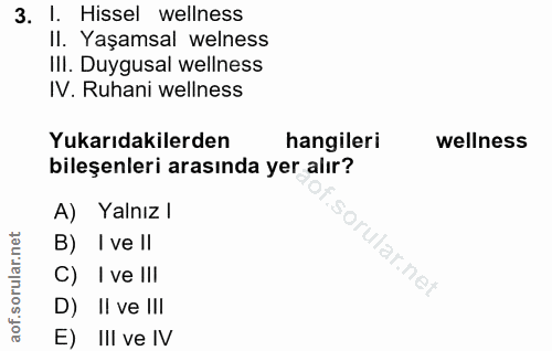3. soru: I. Hissel wellness II. Yaşamsal welness IlI. Duygusal wellness IV. Ruhani wellness Yukarıdakilerden hangileri wellnes…