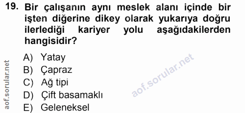 19. soru: Bir çalışanın aynı meslek alanı içinde bir işten diğerine dikey olarak yukarıya doğru ilerlediği kariyer yolu aşağıda…