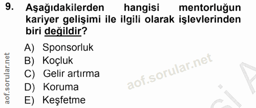 9. soru: Aşağıdakilerden hangisi mentorluğun kariyer gelişimi ile ilgili olarak işlevlerinden biri değildir? A) Sponsorluk B)…
