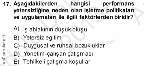 17. soru: Aşağıdakilerden hangisi performans yetersizliğine neden olan işletme politikaları ve uygulamaları ile ilgili faktörle…