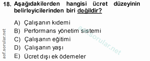 18. soru: Aşağıdakilerden hangisi ücret düzeyinin belirleyicilerinden biri değildir? A) Çalışanın kıdemi B) Performans yönetim…