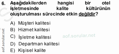 6. soru: Aşağıdakilerden hangisi bir otel işletmesinde kalite kültürünün oluşturulması sürecinde etkin değildir? A) Müşteri ka…