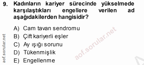 9. soru: Kadınların kariyer sürecinde yükselmede karşılaştıkları engellere verilen ad aşağıdakilerden hangisidir? A) Cam tavan…