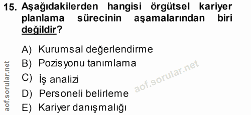 15. soru: Aşağıdakilerden hangisi örgütsel kariyer planlama sürecinin aşamalarından biri değildir? A) Kurumsal değerlendirme B)…