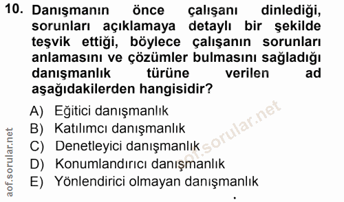 10. soru: Danışmanın önce çalışanı dinlediği, sorunları açıklamaya detaylı bir şekilde teşvik ettiği, böylece çalışanın sorunla…