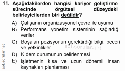 11. soru: Aşağıdakilerden hangisi kariyer geliştirme sürecinde örgütsel düzeydeki belirleyicilerden biri değildir? A) Çalışanın…
