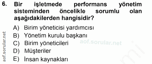 6. soru: Bir işletmede performans yönetim sisteminden öncelikle sorumlu olan aşağıdakilerden hangisidir? A) Birim yöneticisi y…