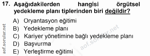 17. soru: Aşağıdakilerden hangisi örgütsel yedekleme planı tiplerinden biri değildir? A) Oryantasyon eğitimi B) Yedekleme planı…
