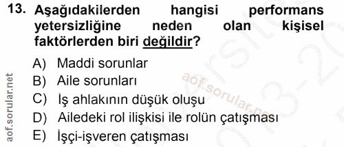 13. soru: Aşağıdakilerden hangisi performans yetersizliğine neden olan kişisel faktörlerden biri değildir? A) Maddi sorunlar B)…