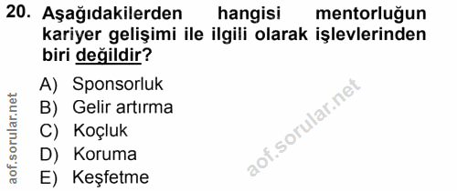 20. soru: Aşağıdakilerden hangisi mentorluğun kariyer gelişimi ile ilgili olarak işlevlerinden biri değildir? A) Sponsorluk B)…