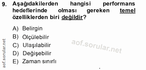 9. soru: Aşağıdakilerden hangisi performans hedeflerinde olmasi gereken temel özelliklerden biri değildir?' A) Belirgin B) Ölç…