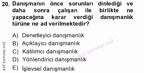 20. soru: Danışmanın önce sorunları dinlediği ve daha sonra çalışan ile birlikte ne yapacağına karar verdiği danışmanlık türüne…