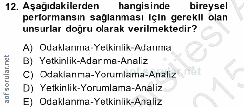 12. soru: Aşağıdakilerden hangisinde bireysel performansın sağlanması için gerekli olan unsurlar doğru olarak verilmektedir? A)…