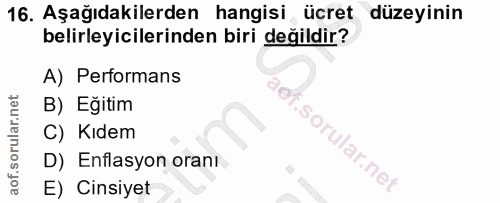 16. soru: Aşağıdakilerden hangisi ücret düzeyinin belirleyicilerinden biri değildir? A) Performans B) Eğitim C) Kıdem D) Enflas…