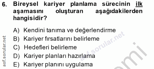 6. soru: Bireysel kariyer planlama sürecinin ilk aşamasını oluşturan aşağıdakilerden hangisidir? A) Kendini tanıma ve değerlen…