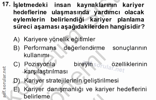 17. soru: İşletmedeki insan kaynaklarının kariyer hedeflerine ulaşmasında yardımcı olacak eylemlerin belirlendiği kariyer planl…