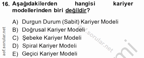 16. soru: Aşağıdakilerden hangisi kariyer modellerinden biri değildir? A) Durgun Durum (Sabit) Kariyer Modeli B) Doğrusal Kariy…