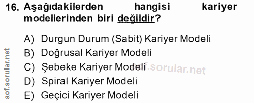 16. soru: Aşağıdakilerden hangisi kariyer modellerinden biri değildir? A) Durgun Durum (Sabit) Kariyer Modeli B) Doğrusal Kariy…