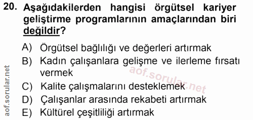 20. soru: Aşağıdakilerden hangisi örgütsel kariyer geliştirme programlarının amaçlarından biri değildir? A) Örgütsel bağlılığı…