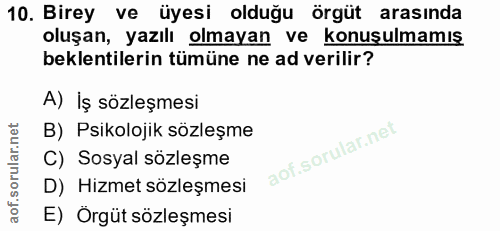10. soru: Birey ve üyesi olduğu örgüt arasında oluşan, yazılı olmayan ve konuşulmamış beklentilerin tümüne ne ad verilir? A) İş…