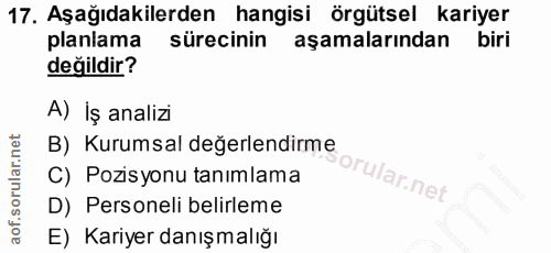17. soru: Aşağıdakilerden hangisi örgütsel kariyer planlama sürecinin aşamalarından biri değildir? A) İş analizi B) Kurumsal de…