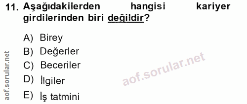 11. soru: Aşağıdakilerden hangisi kariyer girdilerinden biri değildir? A) Birey rular.net B) Değerler C) Beceriler aof.si D) İl…