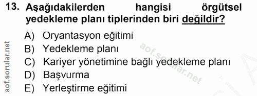 13. soru: Aşağıdakilerden hangisi örgütsel yedekleme planı tiplerinden biri değildir? A) Oryantasyon eğıtimi B) Yedekleme planı…