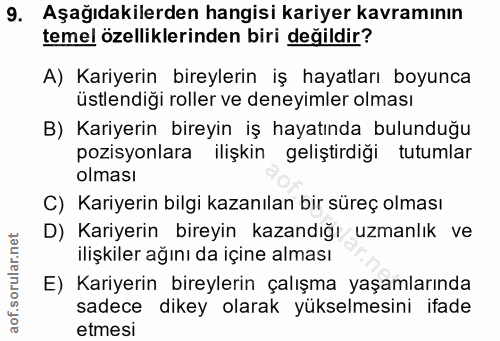 9. soru: Aşağıdakilerden hangisi kariyer kavramının temel özelliklerinden biri değildir? A) Kariyerin bireylerin iş hayatları…