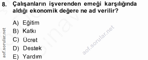 8. soru: Çalışanların işverenden emeği karşılığında aldığı ekonomik değere ne ad verilir? A) Eğitim B) Katkı C) Ücret D) Deste…