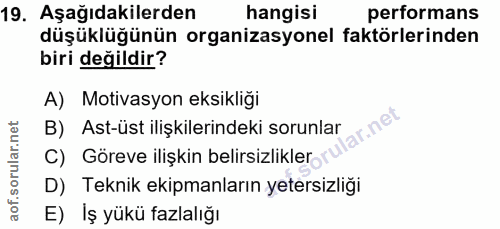 19. soru: Aşağıdakilerden hangisi performans düşüklüğünün organizasyonel faktörlerinden biri değildir? A) Motivasyon eksikliği…