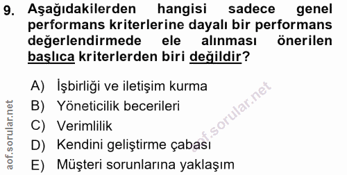 9. soru: Aşağıdakilerden hangisi sadece genel performans kriterlerine dayalı bir performans değerlendirmede ele alınması öneri…